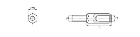 Distanční pouzdro z plastu d1=d2-M3 L-13mm SW-6, barva černá