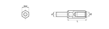 Distanční pouzdro z plastu d1=d2-M5 L-61mm SW-10, barva černá