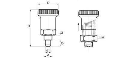 Hřídel pro určení D-31mm d2-M16x1,5mm SW-19 d1-8mm, INOX