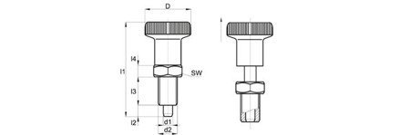 Hřídel určující D-25mm d2-M12x1,5mm SW-14 d1-6mm s ocelovým hřídelem, oxidoval černě.