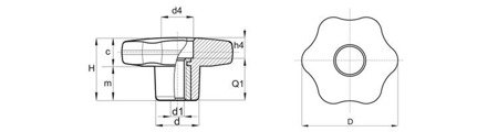 Hvězdicové kolečko s průchozí závitovou pouzdrem D-40mm M8