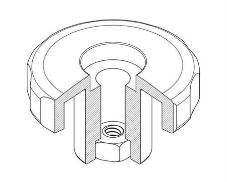 Hvězdicové kolečko se zapuštěným šroubem v plastu D-62mm M12 x 28mm, krytka RAL3000 (ohnivě červená)