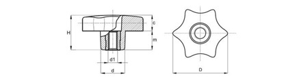 Hvězdicový knoflík s průchozí závitovou pouzdrem D-40mm M6