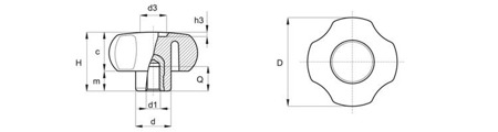 Hvězdicový knoflík s závitovou pouzdrem D-26mm M5