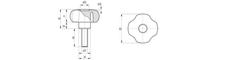 Hvězdicový knoflík s závitovým hřídelem D-26mm M5 x 30mm