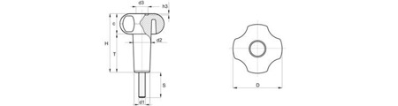 Hvězdicový knoflík s závitovým hřídelem D-52mm T-49mm M8 x 30mm