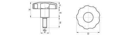 Hvězdicový knoflík se šroubem zapuštěným do plastu D-62mm M12 x 14mm