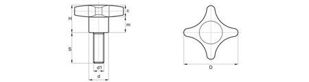 Křížová otočná rukojeť s vestavěným šroubem D-40mm M6 x 23mm