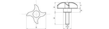 Křížový knoflík s vestavěným šroubem D-46,5mm M6 x 48mm