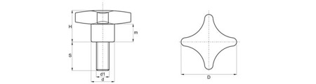 Křížový knoflík z duroplastu s závitovým hřídelem D-50mm M10 x 45mm, DIN 6335