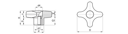 Křížový otočný knoflík s průchozí závitovou pouzdrou D-32mm M5