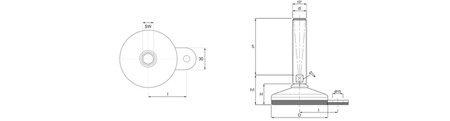 Nastavitelná noha z nerezové oceli, s jednostrannou držadlem pro montáž, protiskluzová, D-100mm, M30 x 150mm