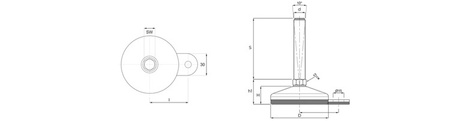 Nastavitelná ocelová patka, s jednostranným držákem pro montáž, protiskluzová, D-100mm, M30 x 200mm