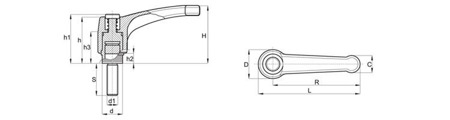 Nastavitelná páka EUROMODEL s navláknutým hřídelem a tlačítkem R-43mm M5 x 30mm, INOX