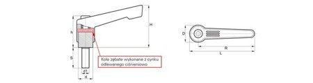 Nastavitelná páka s závitovým čepem R-42mm M5 x 20mm, zesílená verze, slim design, RAL9005 (hluboká černá), INOX