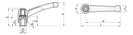 Nastavitelná páka ze zinkové slitiny s gwintovanou pouzdrem R-43mm M6, RAL9005 lesklý (hluboká černá), INOX