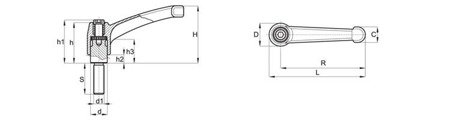 Nastavitelná páka ze zinkové slitiny s navláknutým hřídelem R-65mm M8 x 16mm, RAL9005 lesklý (hluboká černá)