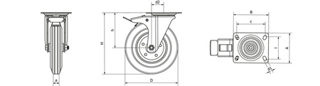 Sada kol, otočná s brzdou, montážní destička, válečkové ložisko, kolo guma D-200mm a-27mm