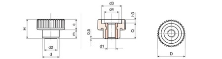 Točítko s drážkovaným rýhováním s průchozí závitovou vložkou D-15mm M5, INOX