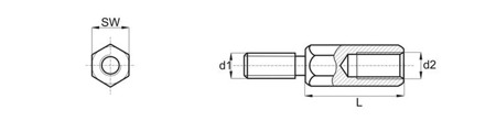 Vzdálenostní pouzdro z nerezové oceli d1=d2-M3 L-35mm SW-5,5