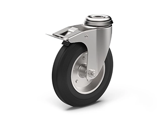 Swivel caster set with brake, mounting hole, roller bearing, rubber wheel - 80.2101