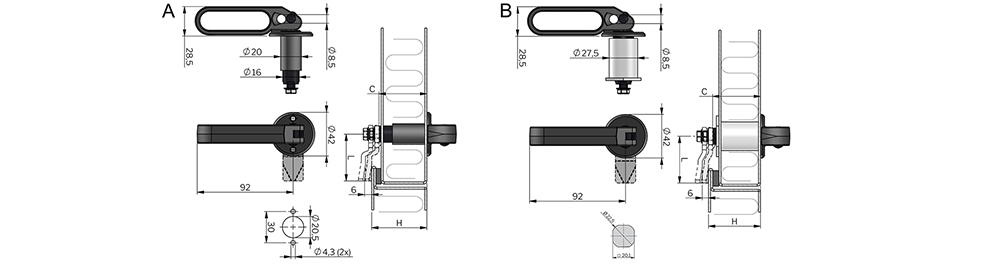 Compression lock with pull handle - Technical drawing