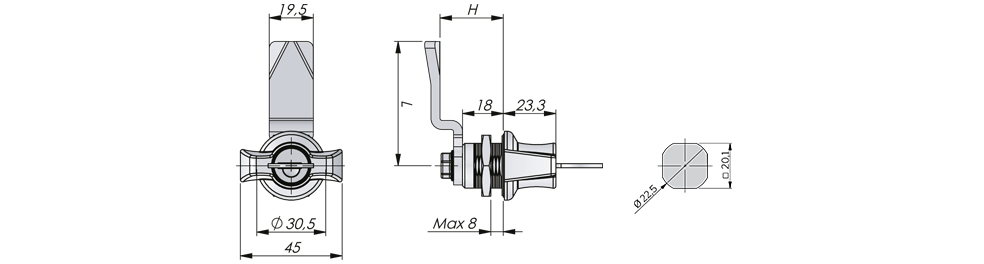 Quarter-turn lock with butterfly handle - Technical drawing