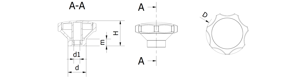 Star knob with built-in nut - Technical drawing