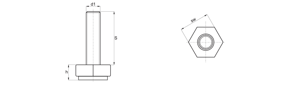 Sechskantfuß mit Gewinde und Filzgleitfläche – Technische Zeichnung