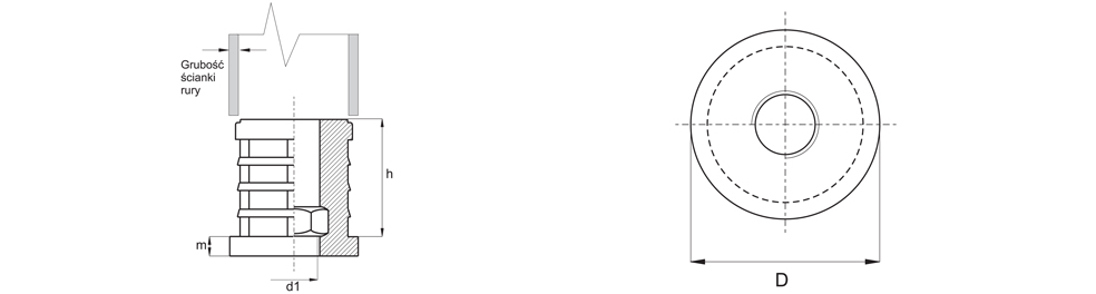 Cap with built-in nut for round profiles - Technical drawing