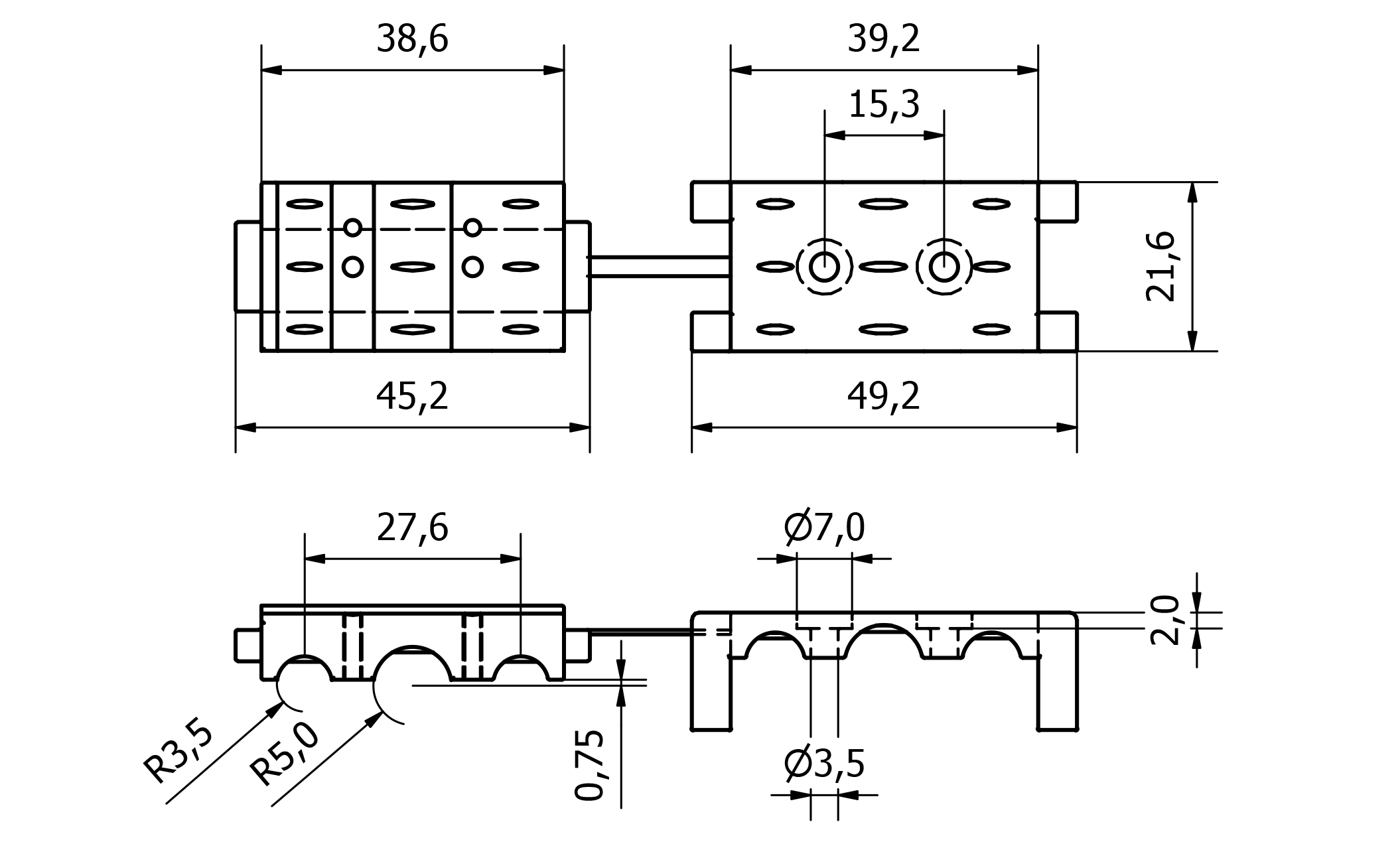 Listwa mocująca do odciążania kabli 3-otworowa - Rysunek techniczny