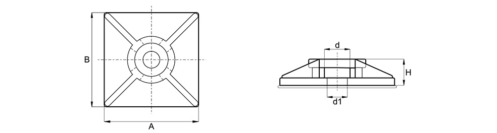 Adhesive base for cross mounting of cable ties - Technical drawing