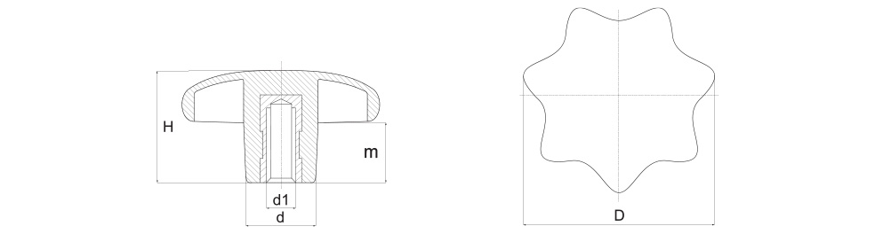 Pokrętło gwiazdowe z duroplastu, wg DIN 6336, z tuleją gwintowaną - rysunek techniczny