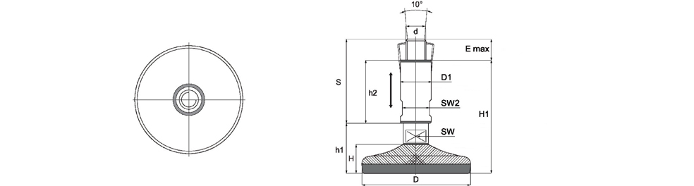 Hygienic adjustable foot, non-slip - Technical drawing