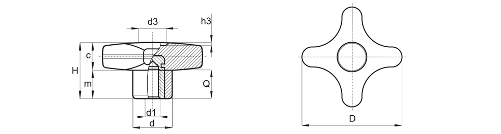 Cross knob with threaded sleeve - Technical drawing 