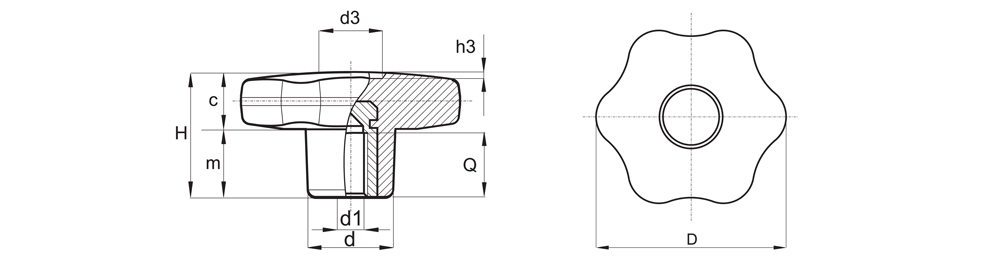 Star knob with threaded bushing - Technical drawing