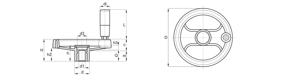 Handwheel with fixed rotary handle - Technical drawing