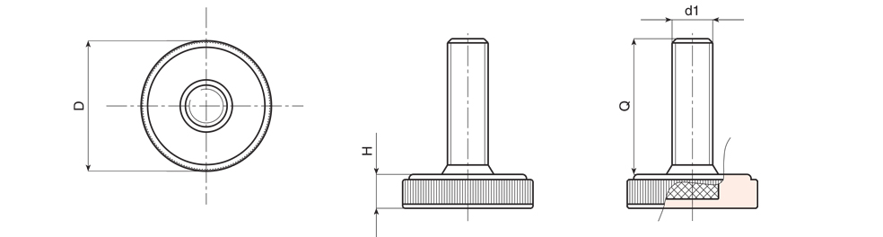 Fixed knurled foot - Technical drawing