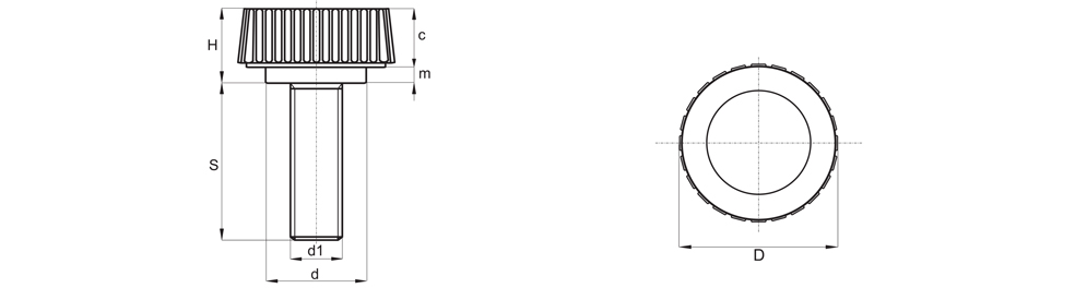 Knurled knob with threaded spindle - Technical drawing 