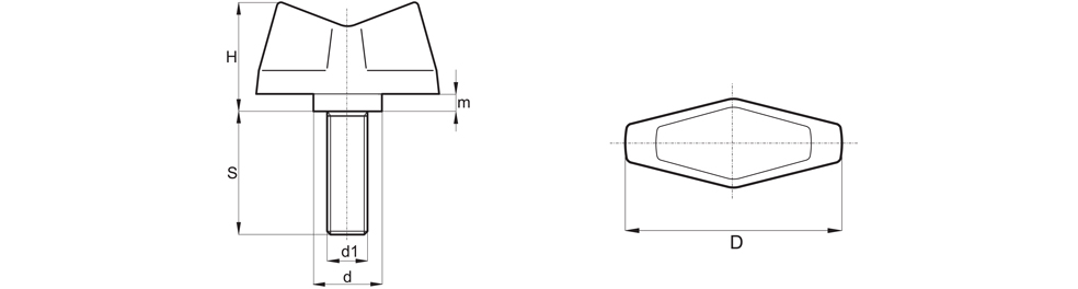 Butterfly knob with threaded spindle - Technical drawing 