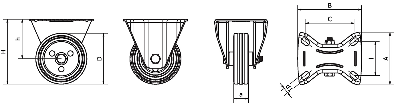 Fixed wheel set, mounting plate, slide bearing, PA wheel - Technical drawing