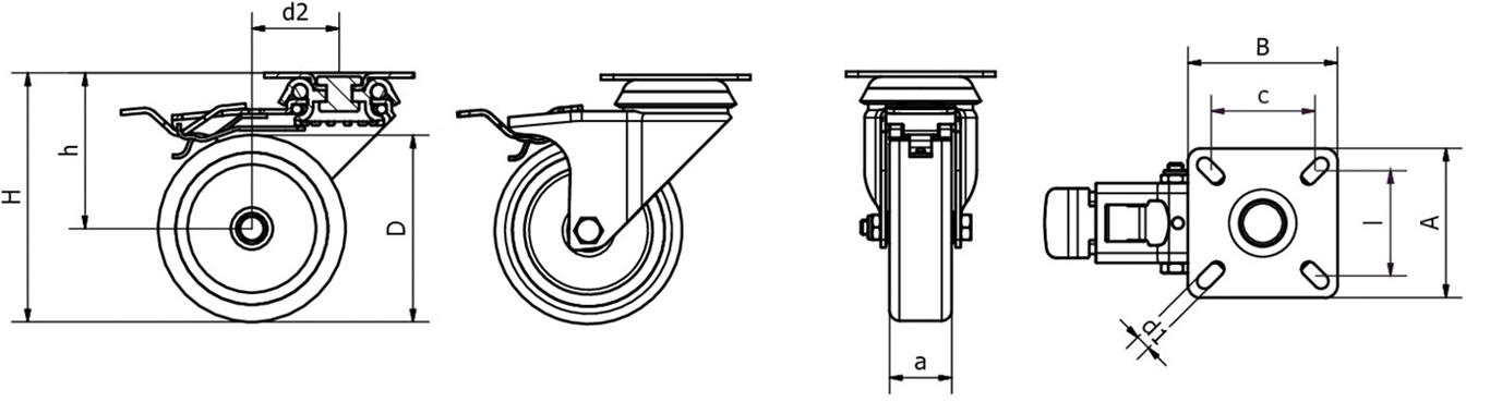 Zestaw kołowy skrętny z hamulcem, płytka mocująca, łożysko ślizgowe, koło PP - Rysunek techniczny