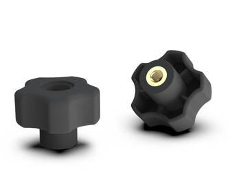 Star knob with threaded bushing D-40mm M6 covered with soft TPE, through-hole