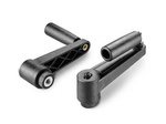 Adjustable crank handle with a foldable rotating grip and threaded bushing R-110mm M12