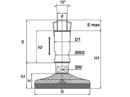 Adjustable foot, hygienic, anti-slip, D-120mm, M24 x 150mm