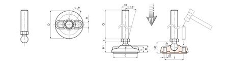 Adjustable foot with mounting holes D-130mm M12 x 130mm R-15mm, non-slip