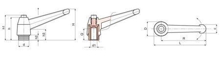 Adjustable lever with threaded bushing and button R-104mm M10