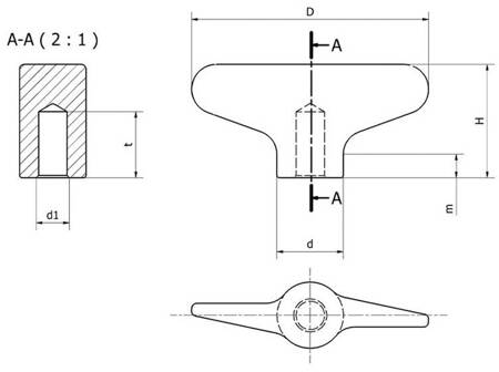 Butterfly knob made of polished stainless steel, with threaded hole D-35mm M4