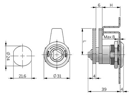 Compression latch shaped 21.5mm, Double-wing 5, 21.5/45*