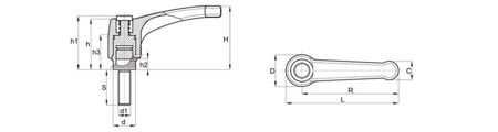 Dźwignia nastawna EUROMODEL z trzpieniem gwintowanym i przyciskiem R-108mm M12 x 30mm, INOX